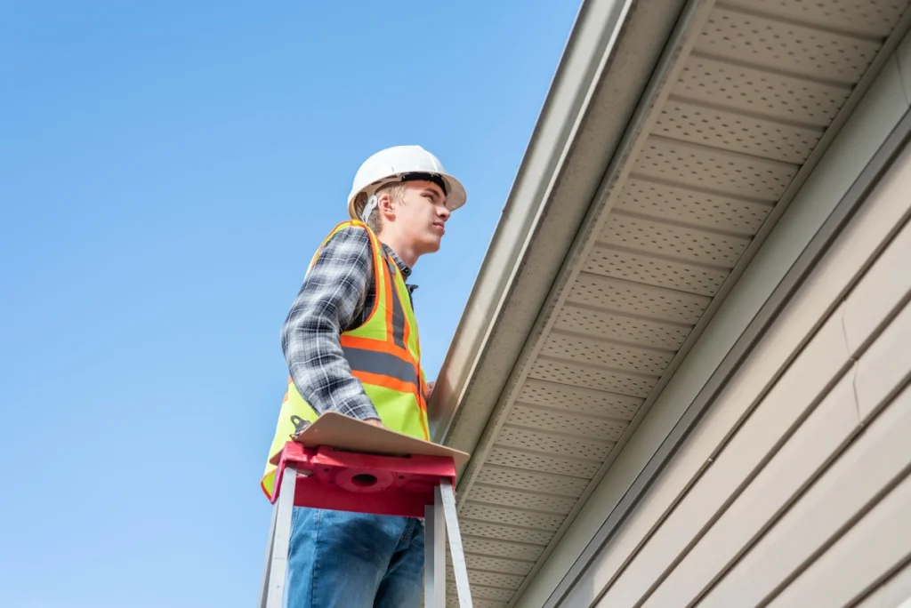 guy on a ladder examines roof