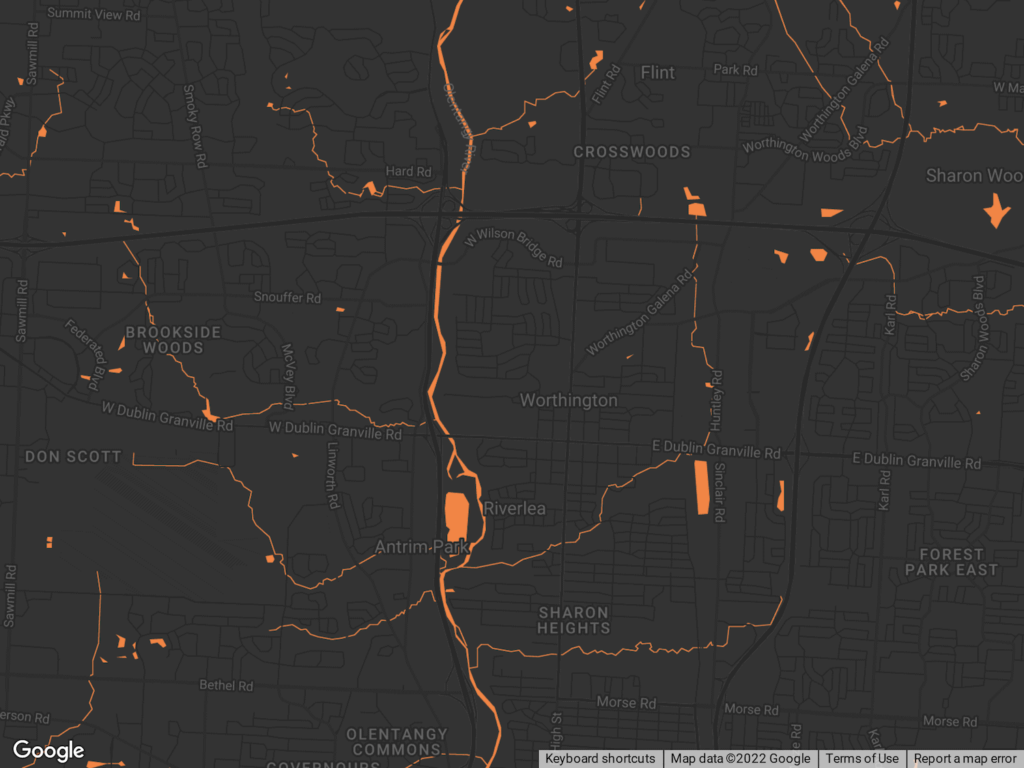 service area map of roofing company in worthington