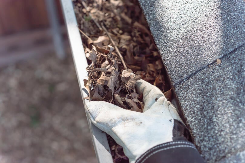 leaf filter gutters-gloved hand removing debris build up from gutters without guards
