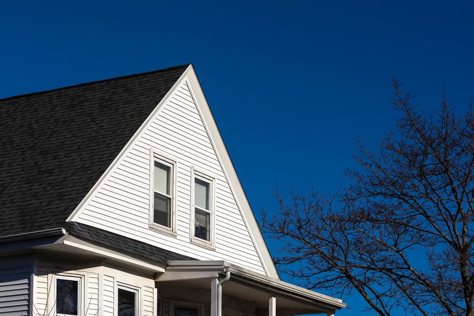 black shingles-white sided house with black shingles