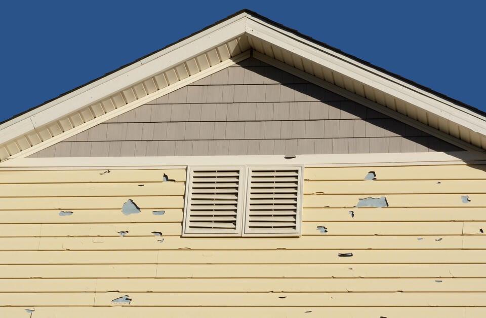 hail damage siding-yellow sided house with holes on house siding from hail
