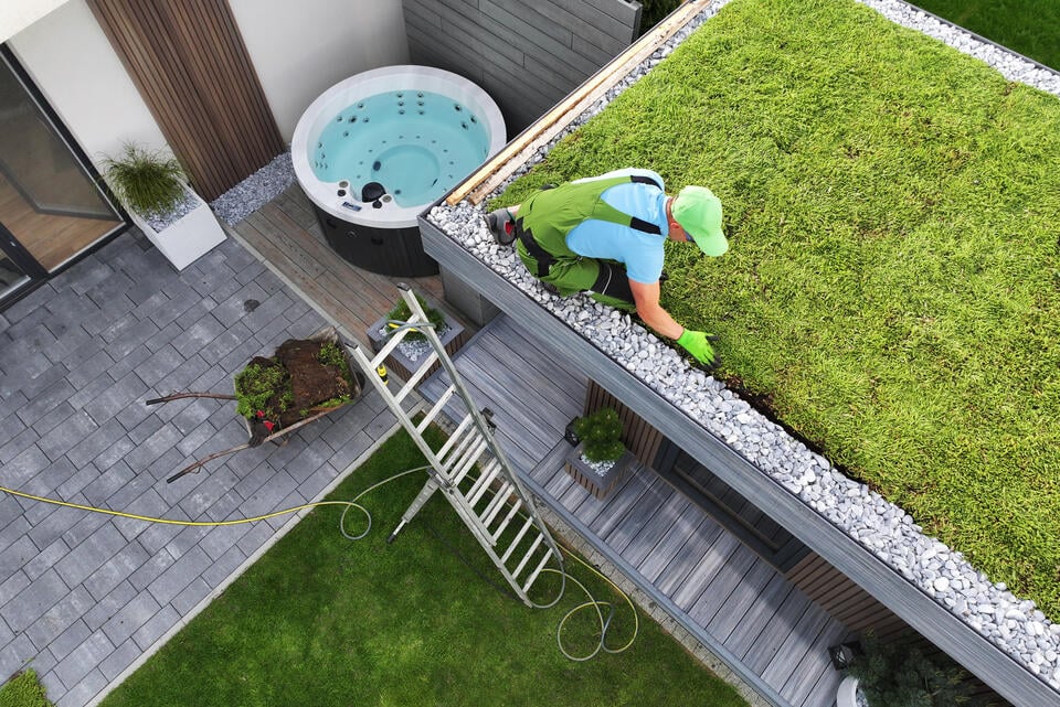modern roof-overhead view of a green roof being installed