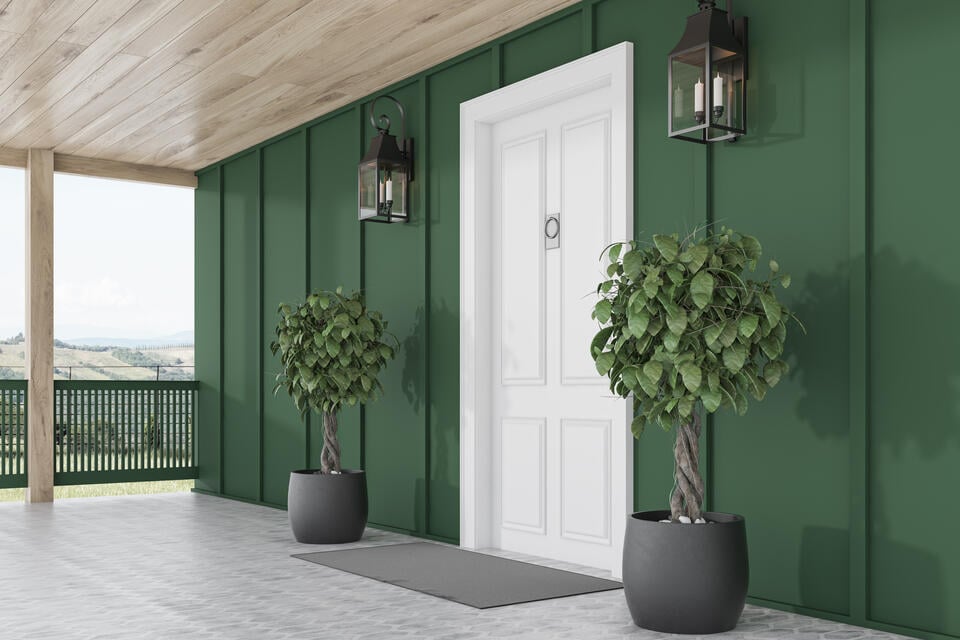 vertical siding-green vertical siding on a home with a white front door