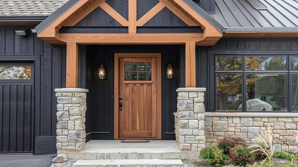black siding for home with wood accent