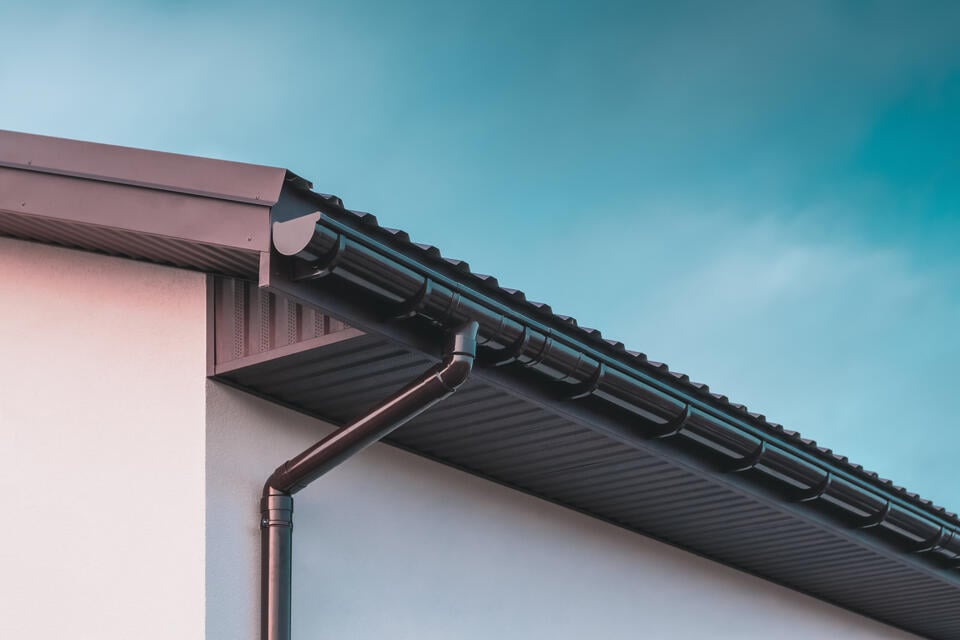 roof drain-white sided house with black roof and black gutter system