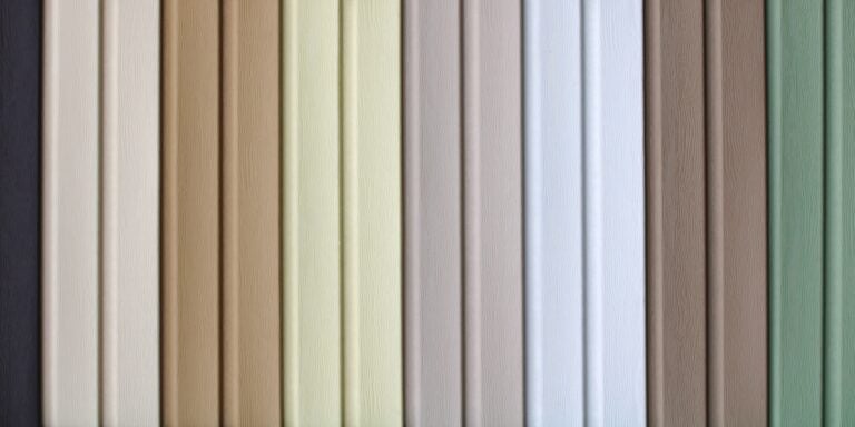 multicolored strips of vinyl siding samples for facing the walls of buildings as a background.