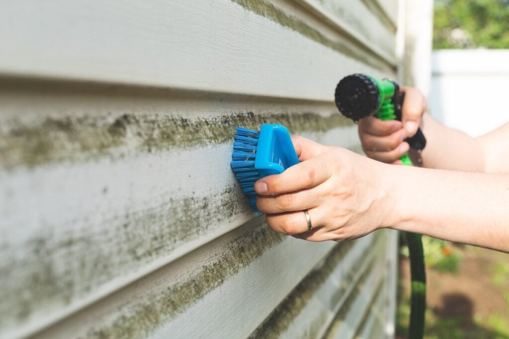 Cleaning algae and mold from vinyl siding of house with pressure spray jet. Home repair, maintenance and exterior cleaning concept.
